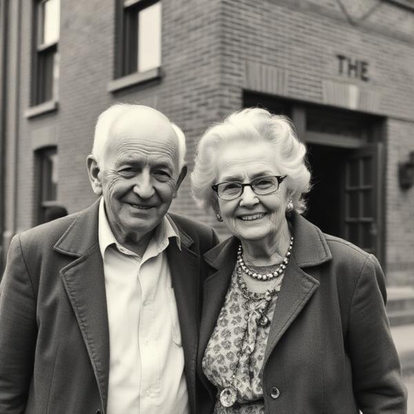 Archival photograph of the Virginio grandparents in front of one of their Newark buildings